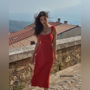 Rihoas The Red Sweetheart Neck Cap Sleeve Midi Dress